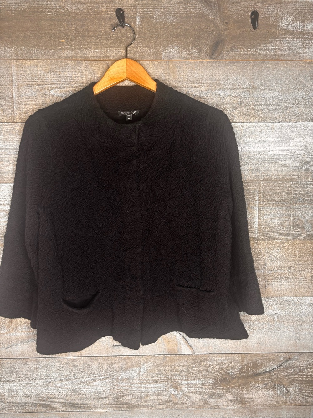 Eileen Fisher M black textured cotton blend lightweight jacket front pockets